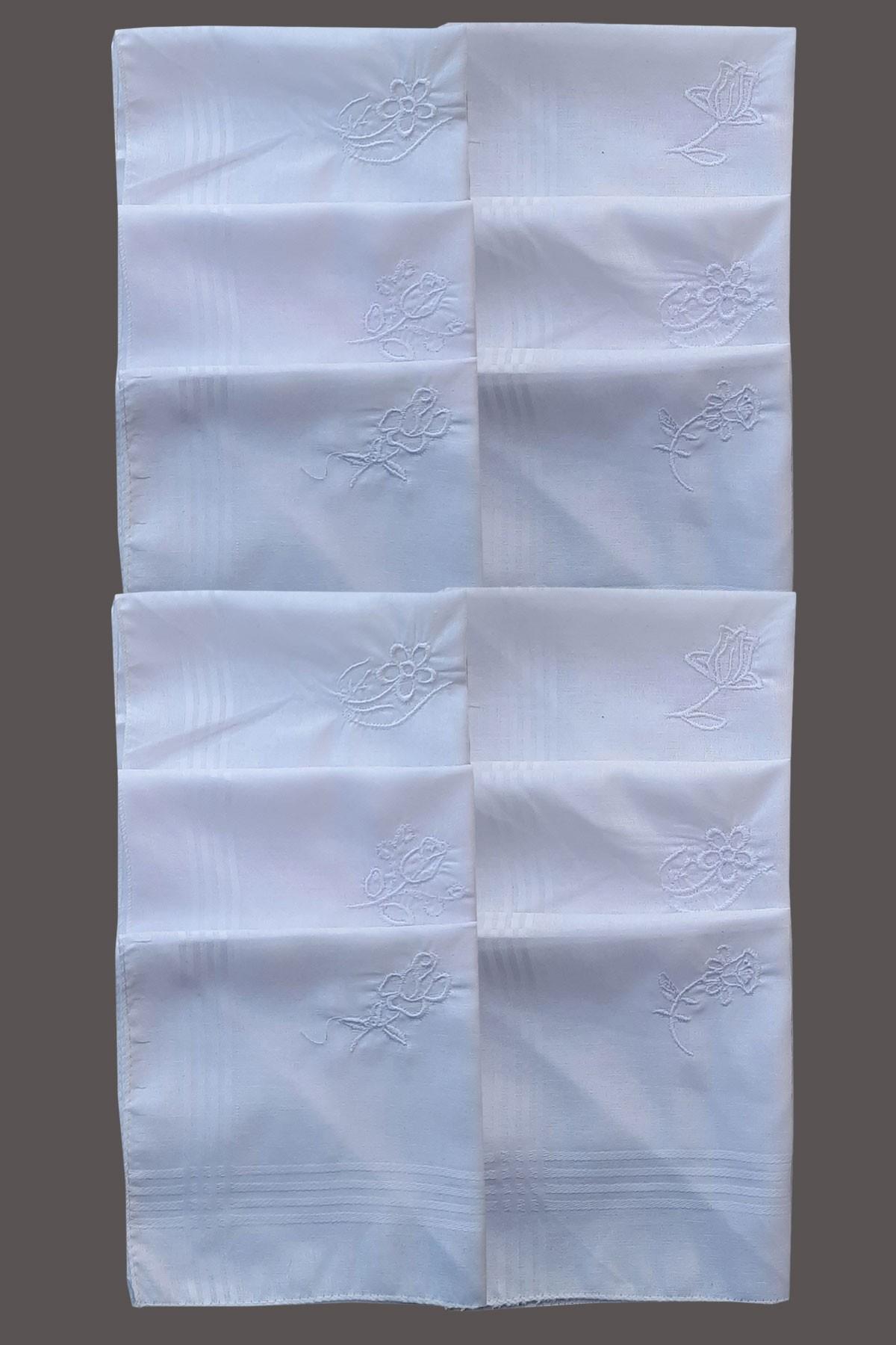 Beyaz Çiçek İşlemeli Bayan Mendili 12 Adet 28x28 cm 100 Pamuk