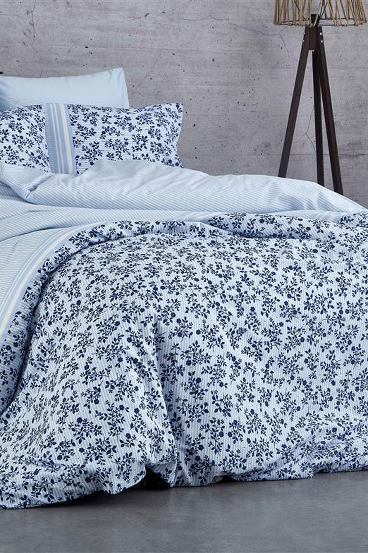 Çift Kişilik Nevresim Takımı Pamuklu Mavi Düş Çiçekleri