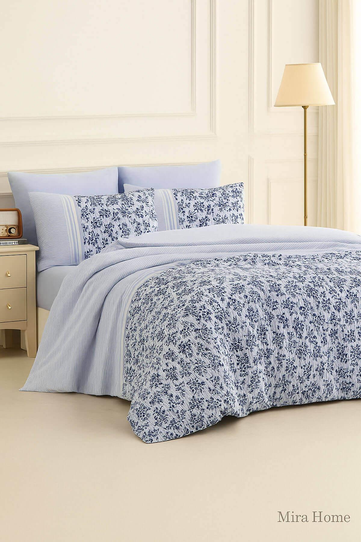 Çift Kişilik Nevresim Takımı Pamuklu Mavi Düş Çiçekleri