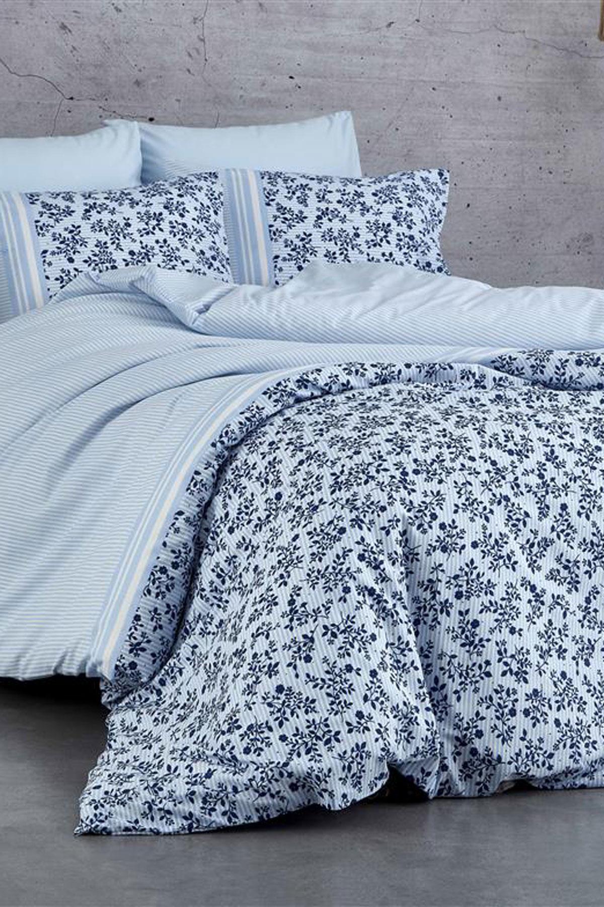 Çift Kişilik Nevresim Takımı Pamuklu Mavi Düş Çiçekleri