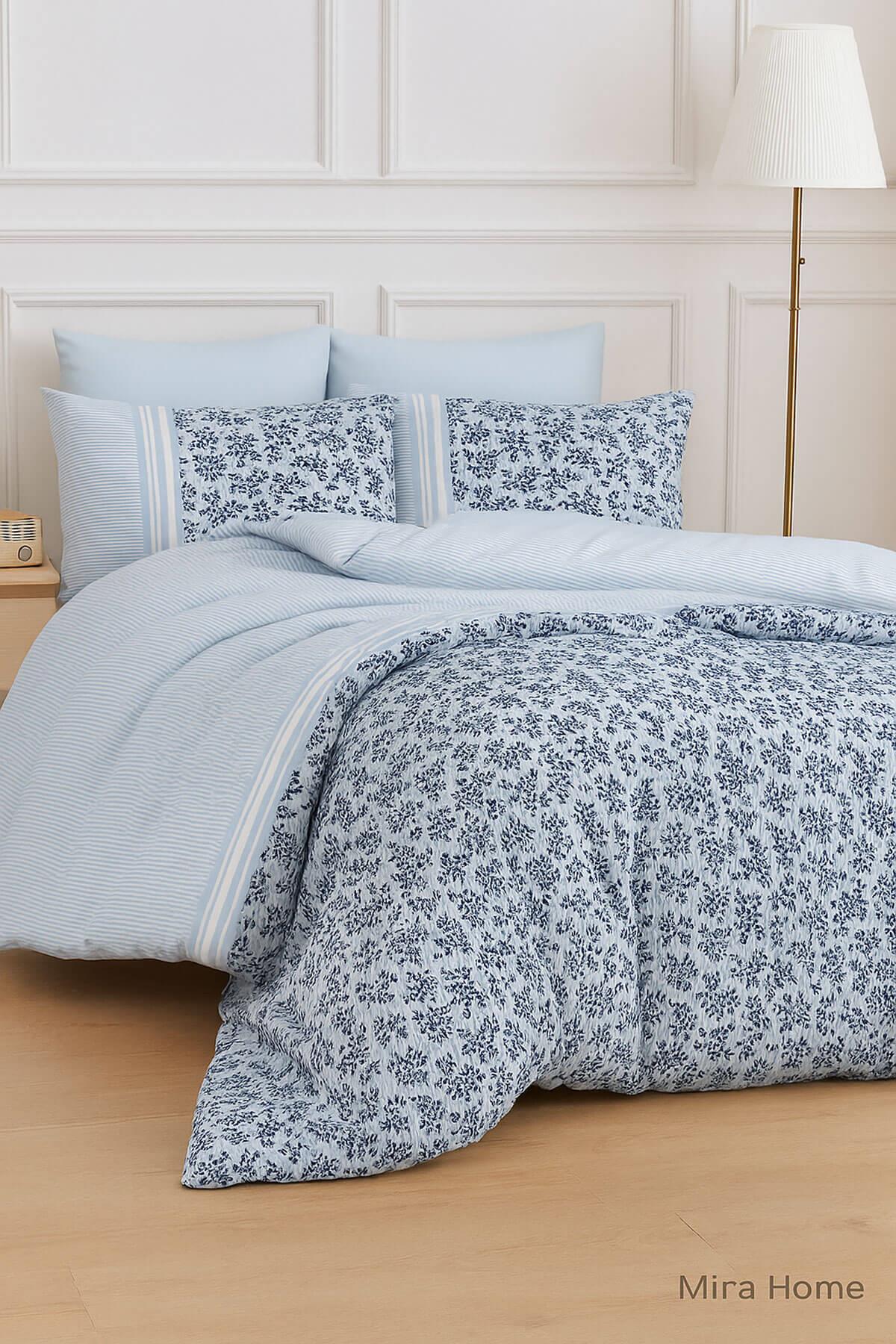 Çift Kişilik Nevresim Takımı Pamuklu Mavi Düş Çiçekleri