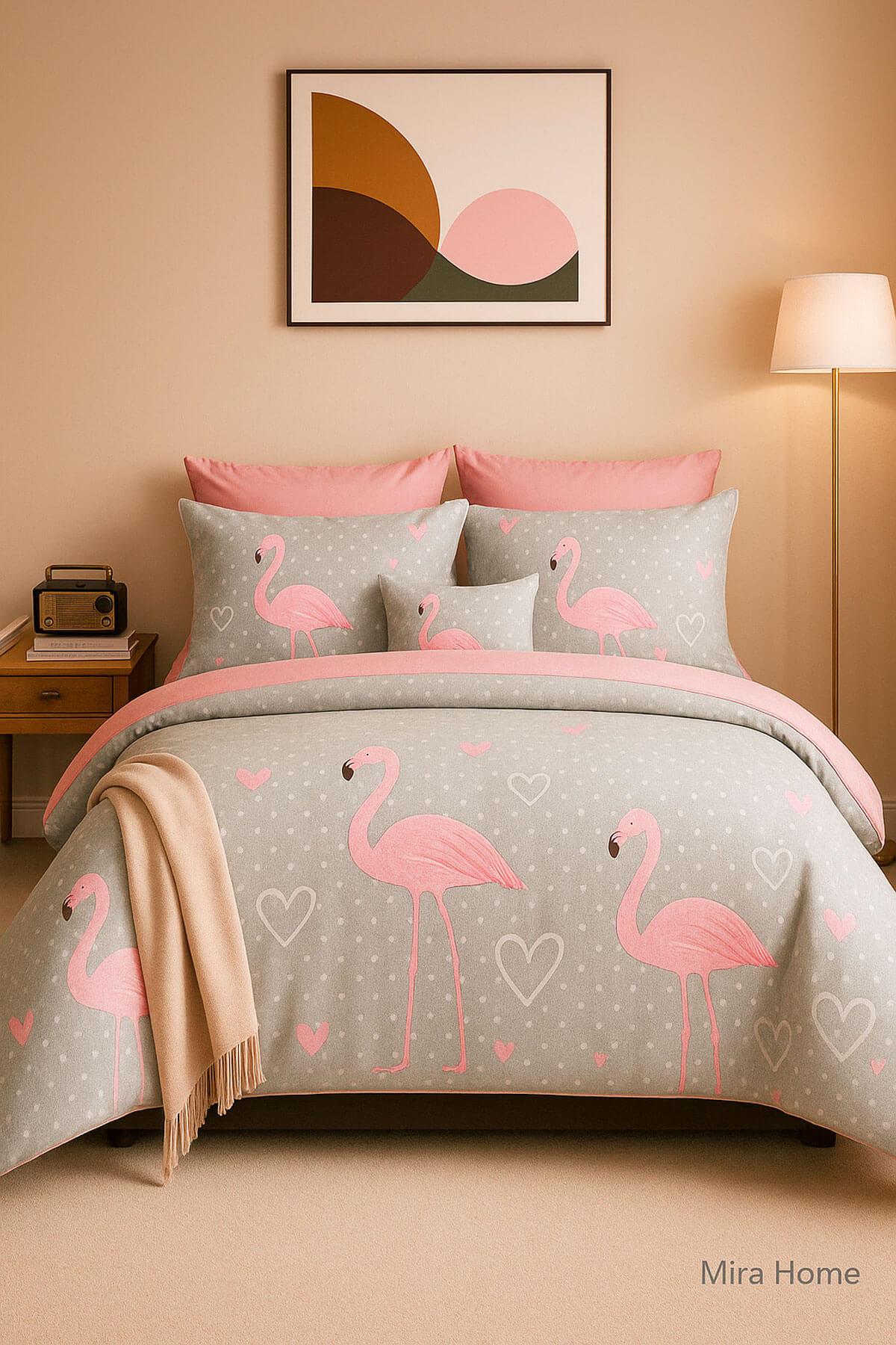 Çift Kişilik Pamuklu Nevresim Takımı Flamingo Love 