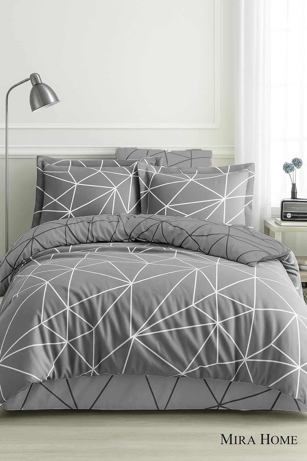 Çift Kişilik Pamuklu Nevresim Takımı Geo Line Gri