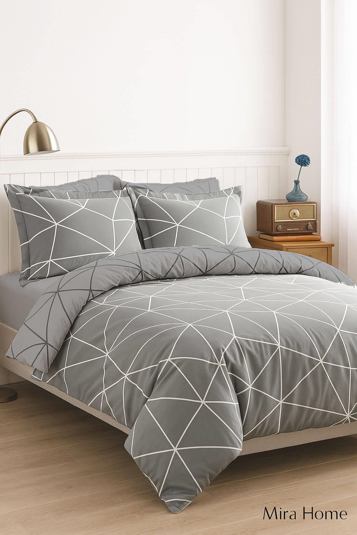 Çift Kişilik Pamuklu Nevresim Takımı Geo Line Gri