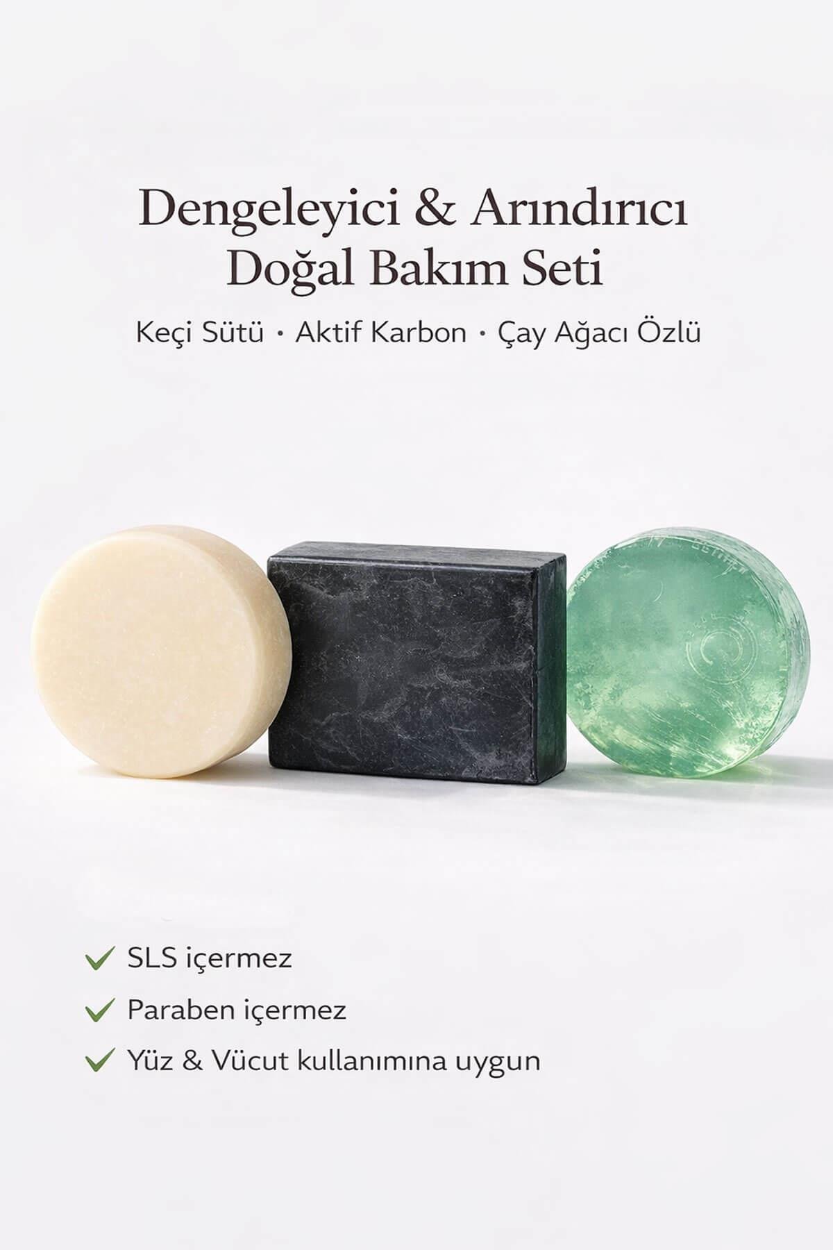 Doğal Sabun Seti 3’lü Bakım Paketi Aktif Karbon /Çay Ağacı /Keçi Sütlü