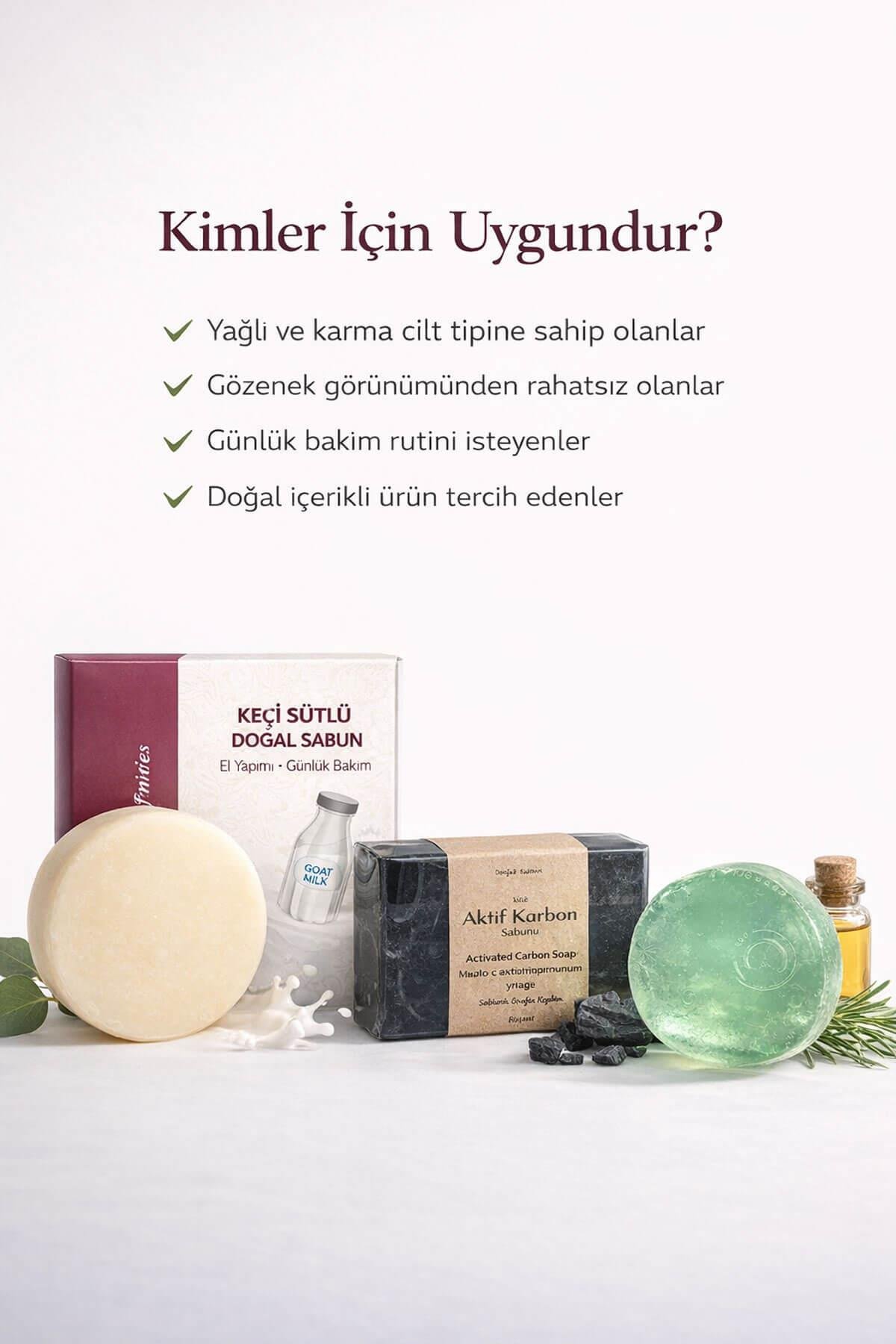 Doğal Sabun Seti 3’lü Bakım Paketi Aktif Karbon /Çay Ağacı /Keçi Sütlü