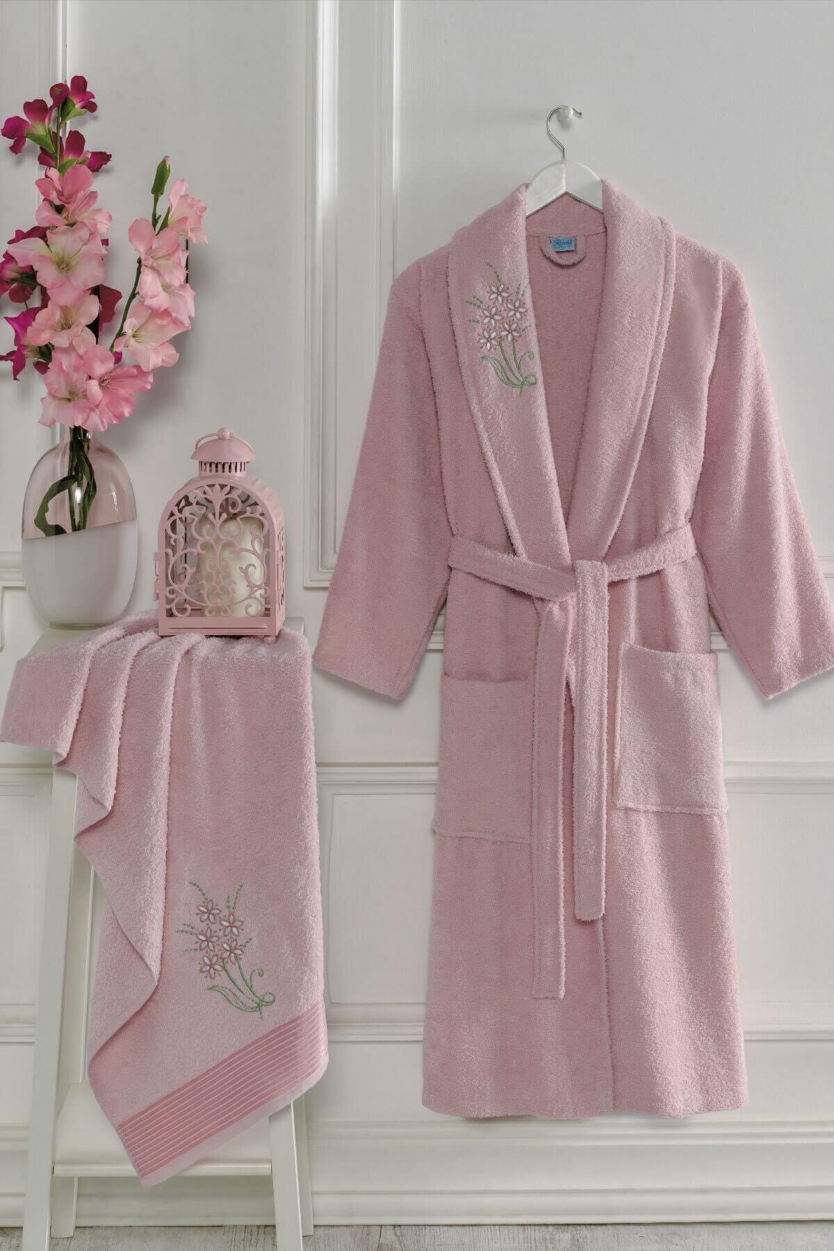 Mira Home Kadın Erkek %100 Pamuklu Baş Havlulu Banyo Bornoz Takımı