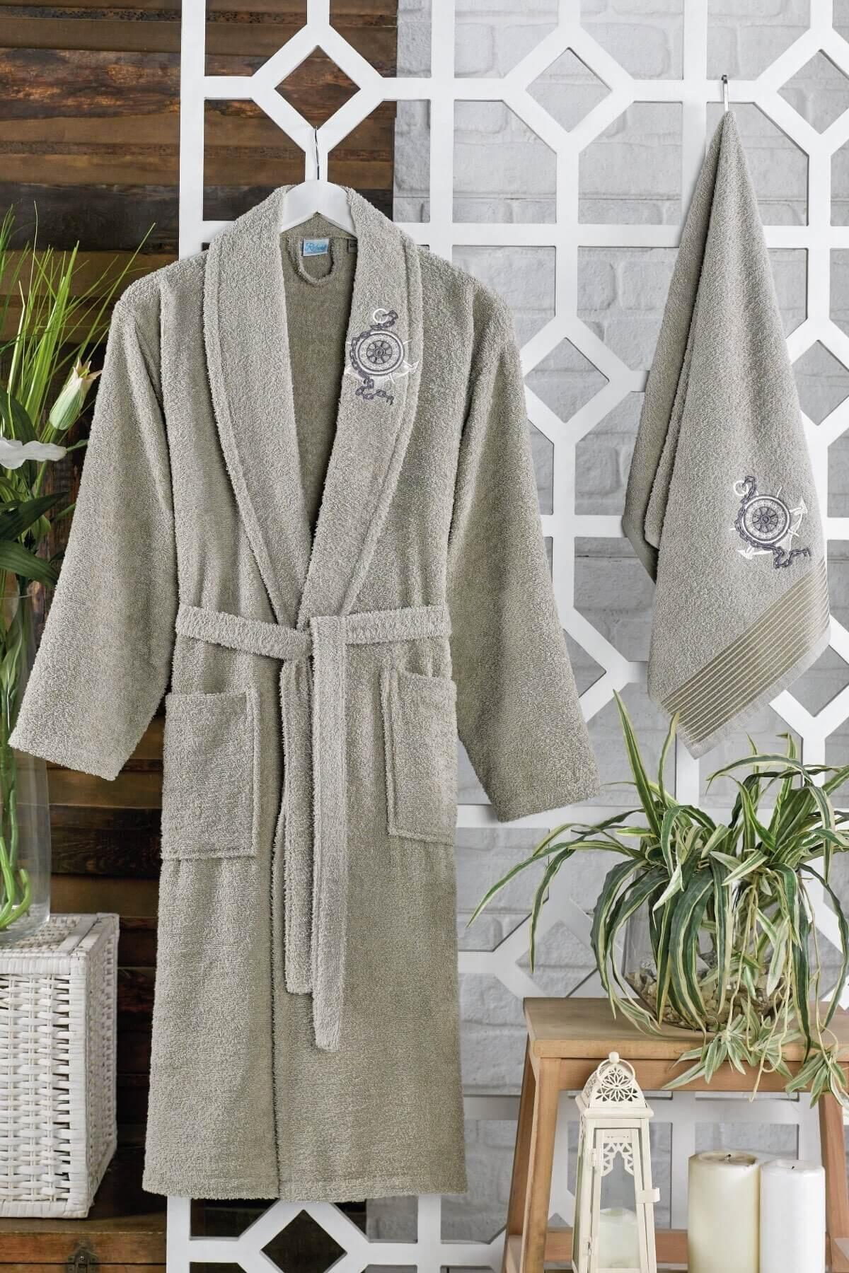 Mira Home Kadın Erkek %100 Pamuklu Baş Havlulu Banyo Bornoz Takımı