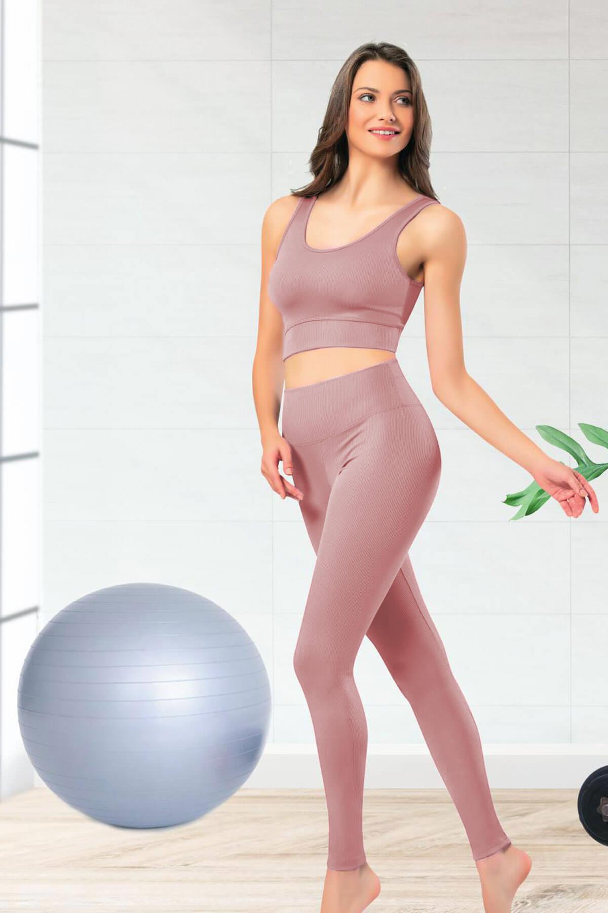 Esnek Fitilli Spor Tayt ve Geniş Askılı Pedli Büstiyer Takımı - Kadın Yüksek Bel Kombin