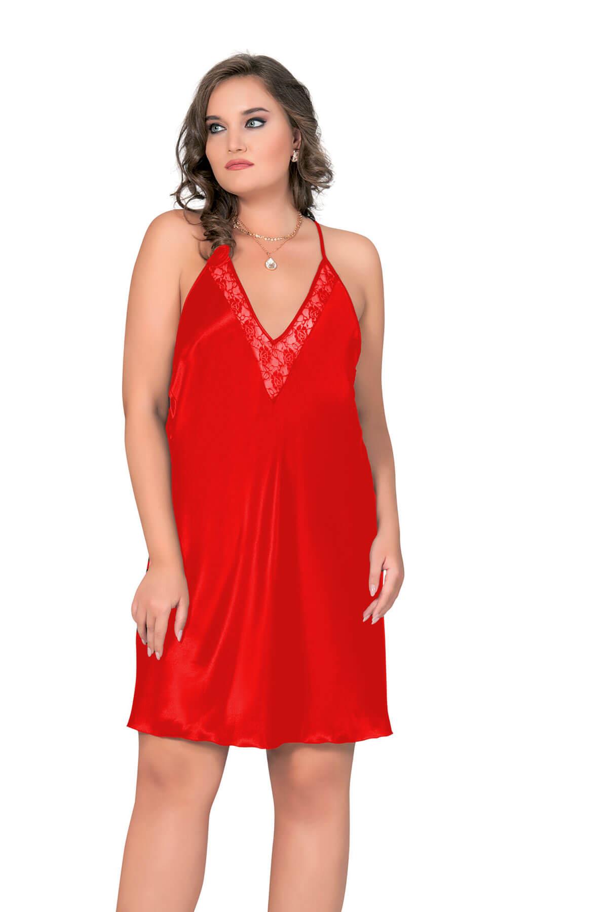 Kadın Battal Saten Gecelik V Yaka Sırtı Dantel Detaylı 10041