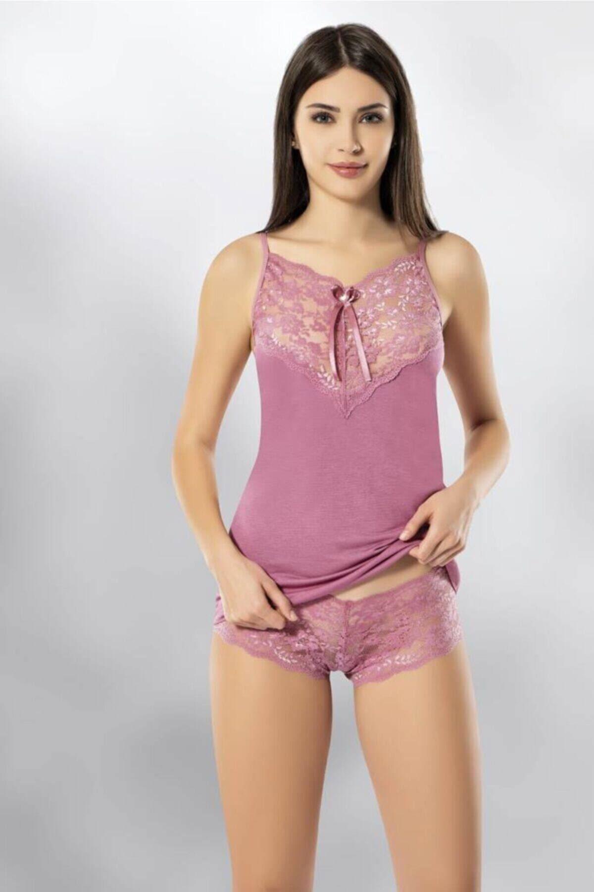 Kadın Dantel Detaylı Penye Atlet Şort Gecelik Takım 6367
