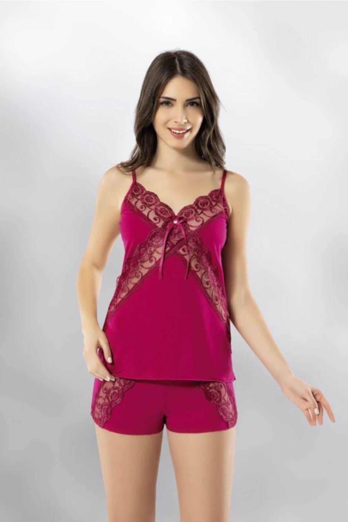 Kadın Dantel Detaylı Penye Atlet Şort Gecelik Takım 6339