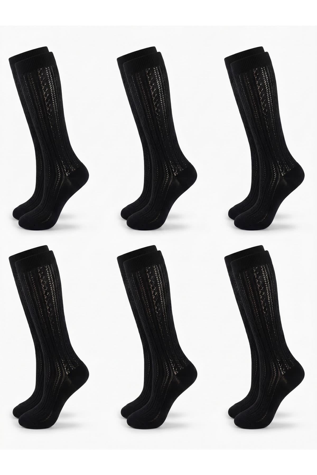 Kadın Diz Altı Dantel Görünümlü Ajurlu Çorap 6 Çift %100 Pamuklu Şık Tasarım