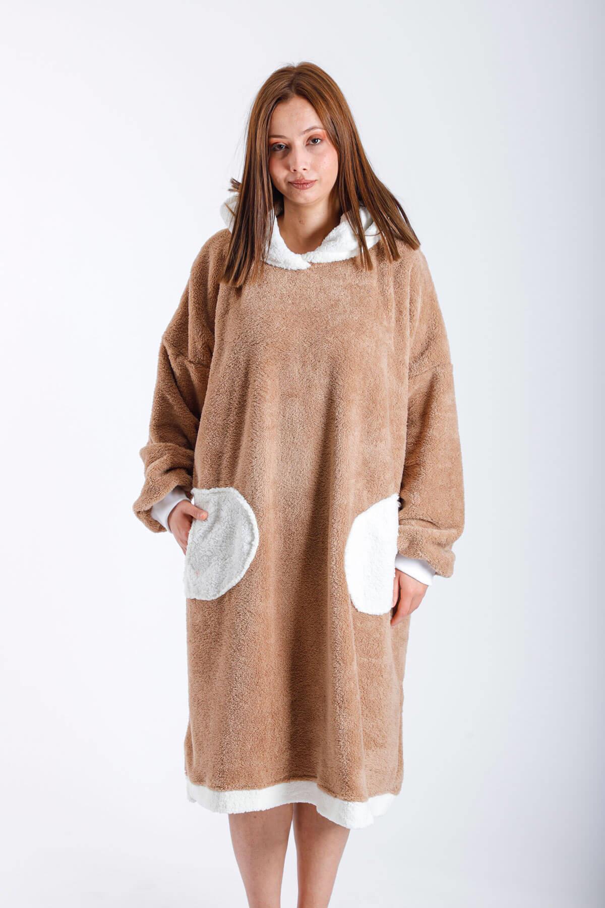 Kadın / Erkek Sıcak Giyilebilir Battaniye Welsoft Cepli Kuzu Peluş Detaylı Kapşonlu Yan Cepli