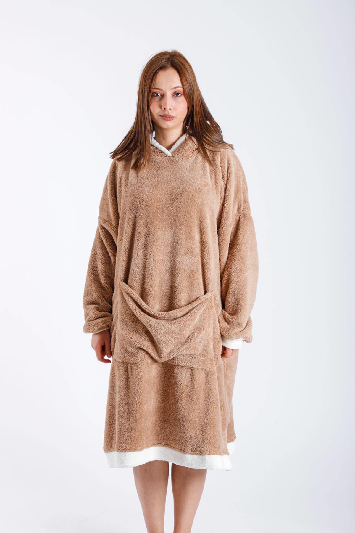 Kadın / Erkek Sıcak Giyilebilir Battaniye Welsoft Kanguru Cepli Kuzu Peluş Detaylı Kapşonlu