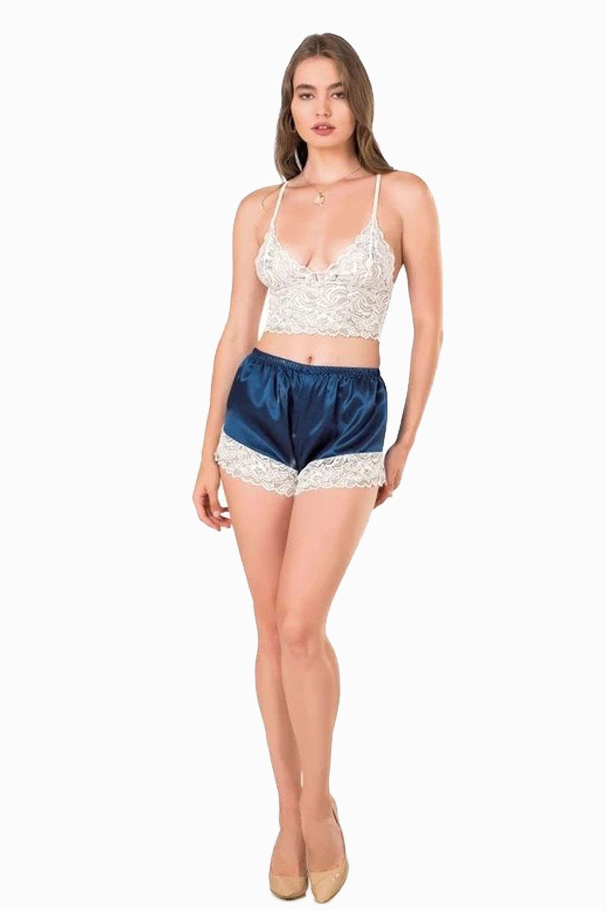 Kadın İp Askılı Bralet Saten Mini Şort Gecelik Takımı Lacivert