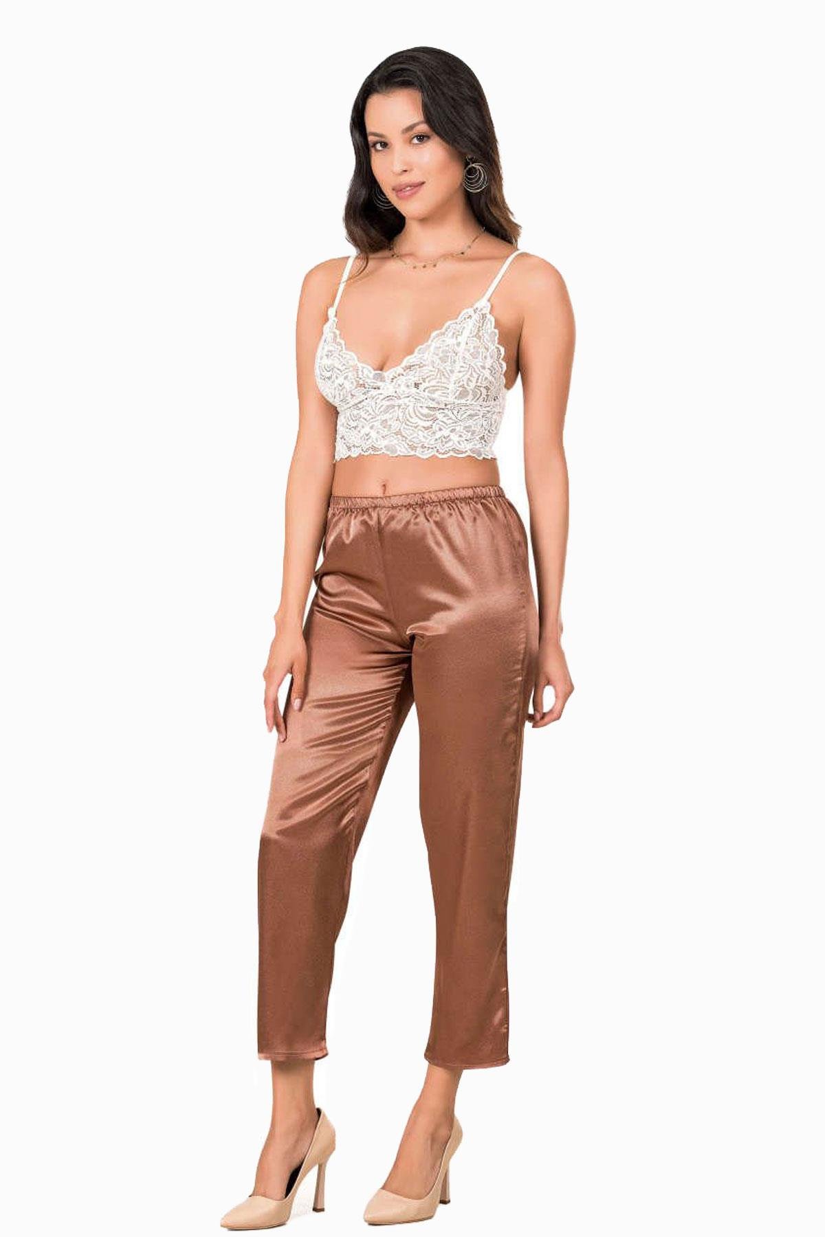 Kadın İp Askılı Bralet Saten Pantolon Pijama Takımı Kahve Estetik