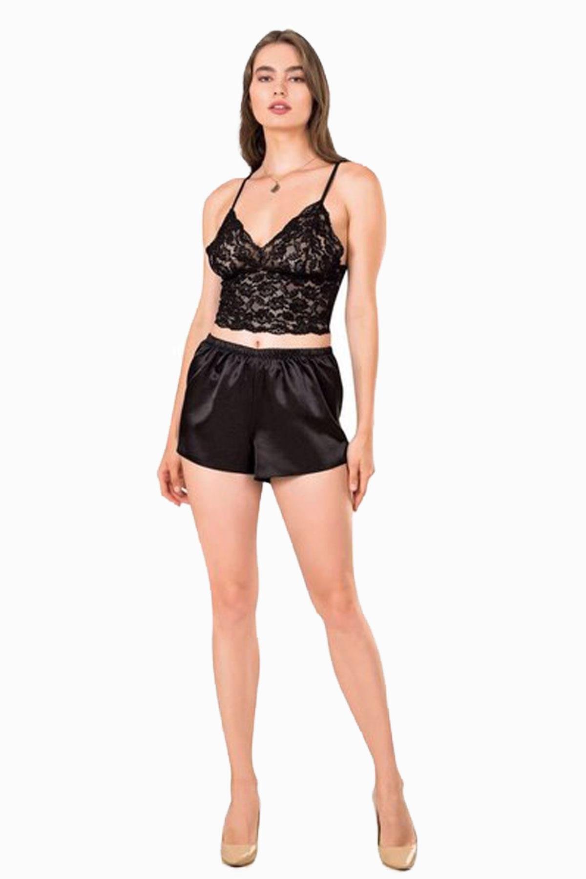 Kadın İp Askılı Bralet Saten Şort Gecelik Takımı Alt-Üst Siyah