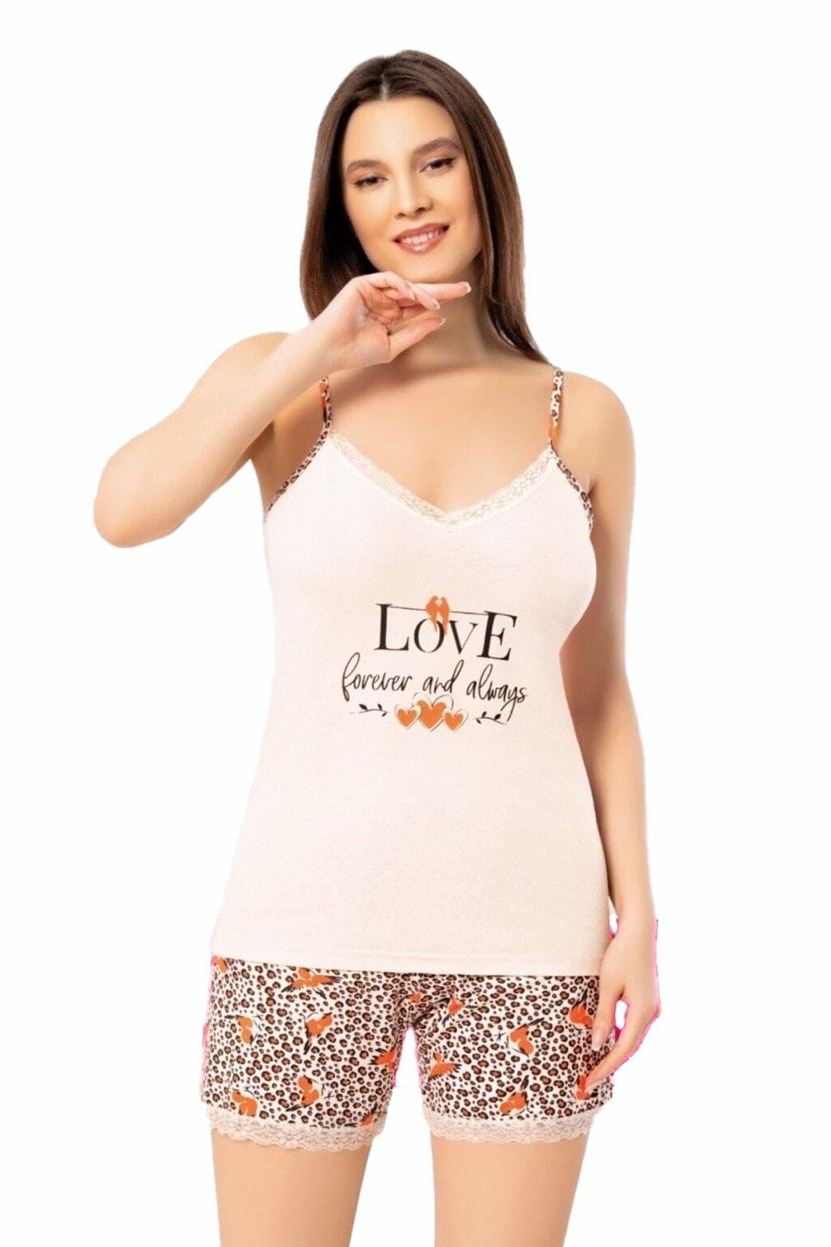 Kadın İp Askılı Şortlu Pijama Takımı Pamuklu Pudra 7000-25 