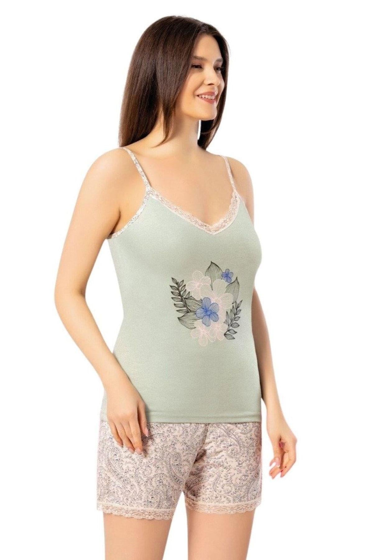 Kadın İp Askılı Şortlu Pijama Takımı Pamuklu Açık Yeşil 7000-26