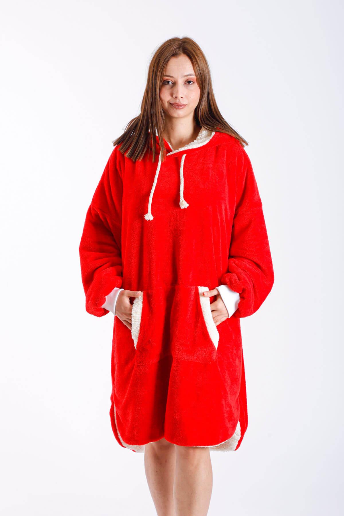 Kadın Sıcak Giyilebilir Battaniye Welsoft Cepli İçi Kuzu Peluş Kapşonlu Kış Pijaması