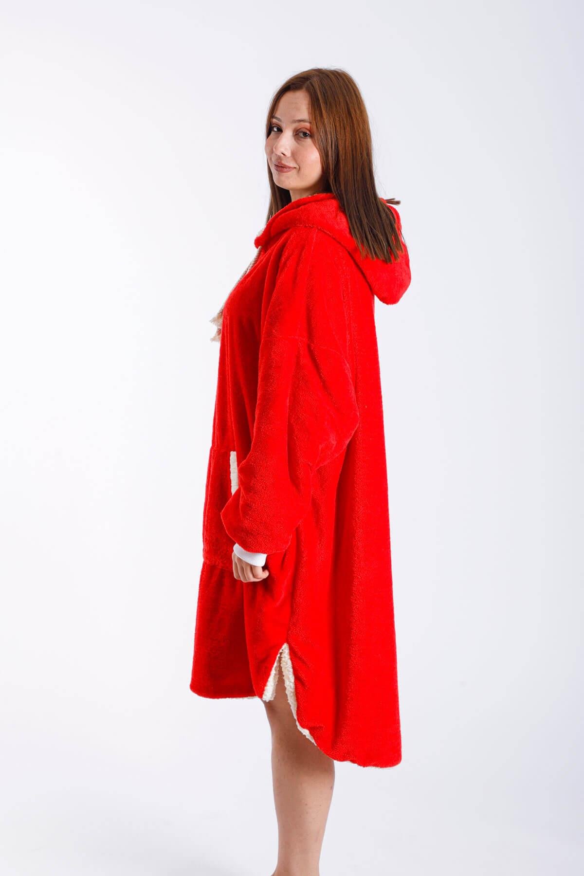 Kadın Sıcak Giyilebilir Battaniye Welsoft Cepli İçi Kuzu Peluş Kapşonlu Kış Pijaması