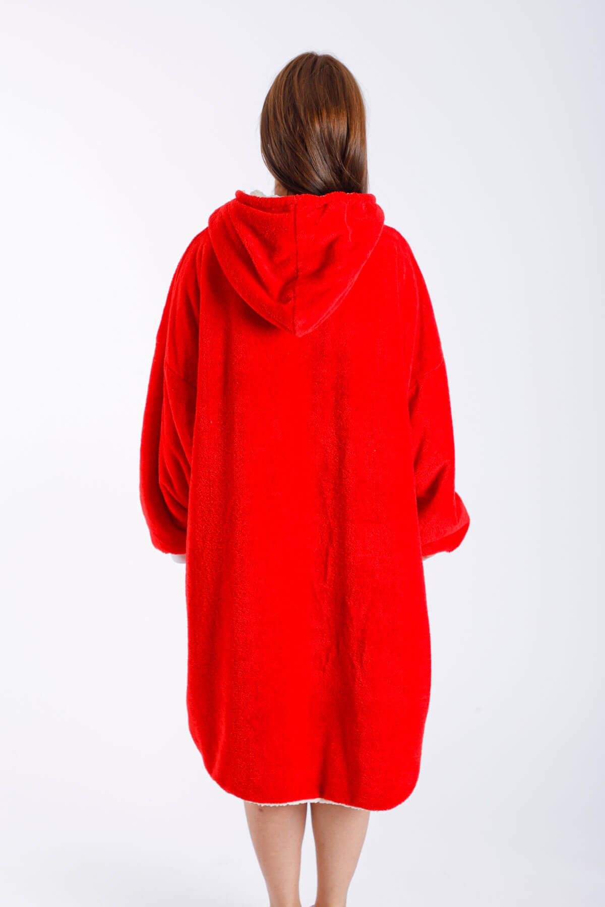 Kadın Sıcak Giyilebilir Battaniye Welsoft Cepli İçi Kuzu Peluş Kapşonlu Kış Pijaması