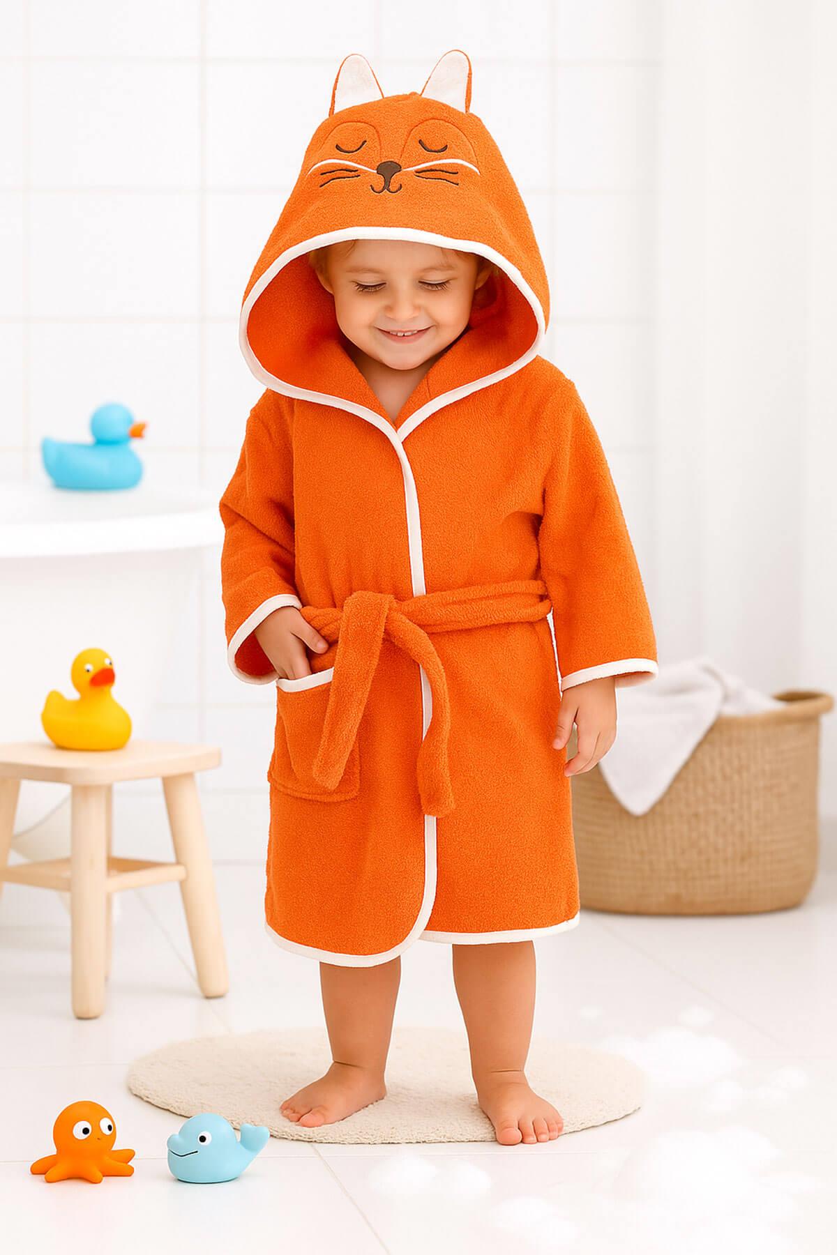 Kapşonlu Hayvan Desenli Çocuk Banyo Deniz Plaj Bornozu %100 Pamuklu 