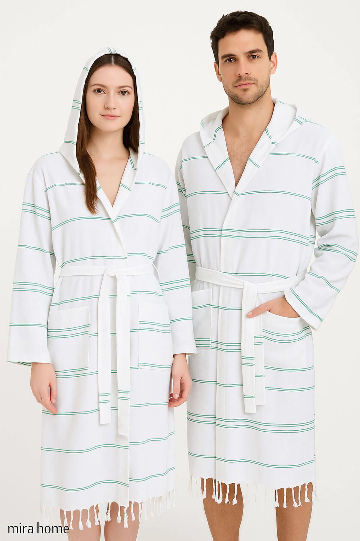 Kapşonlu Unisex Beyaz Çizgili Banyo Deniz Plaj Peştemal Bornozu %100 Pamuklu