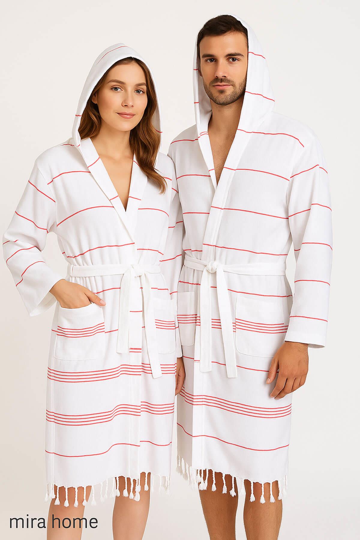 Kapşonlu Unisex Beyaz Çizgili Banyo Deniz Plaj Peştemal Bornozu %100 Pamuklu