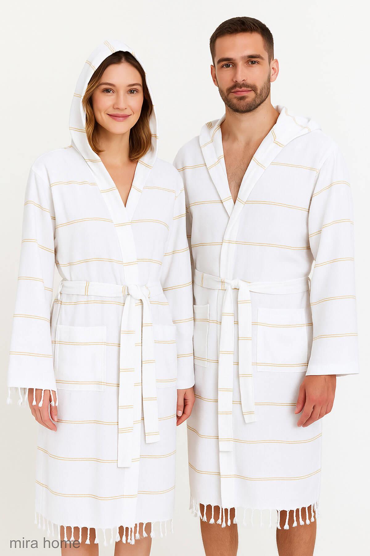 Kapşonlu Unisex Beyaz Çizgili Banyo Deniz Plaj Peştemal Bornozu %100 Pamuklu