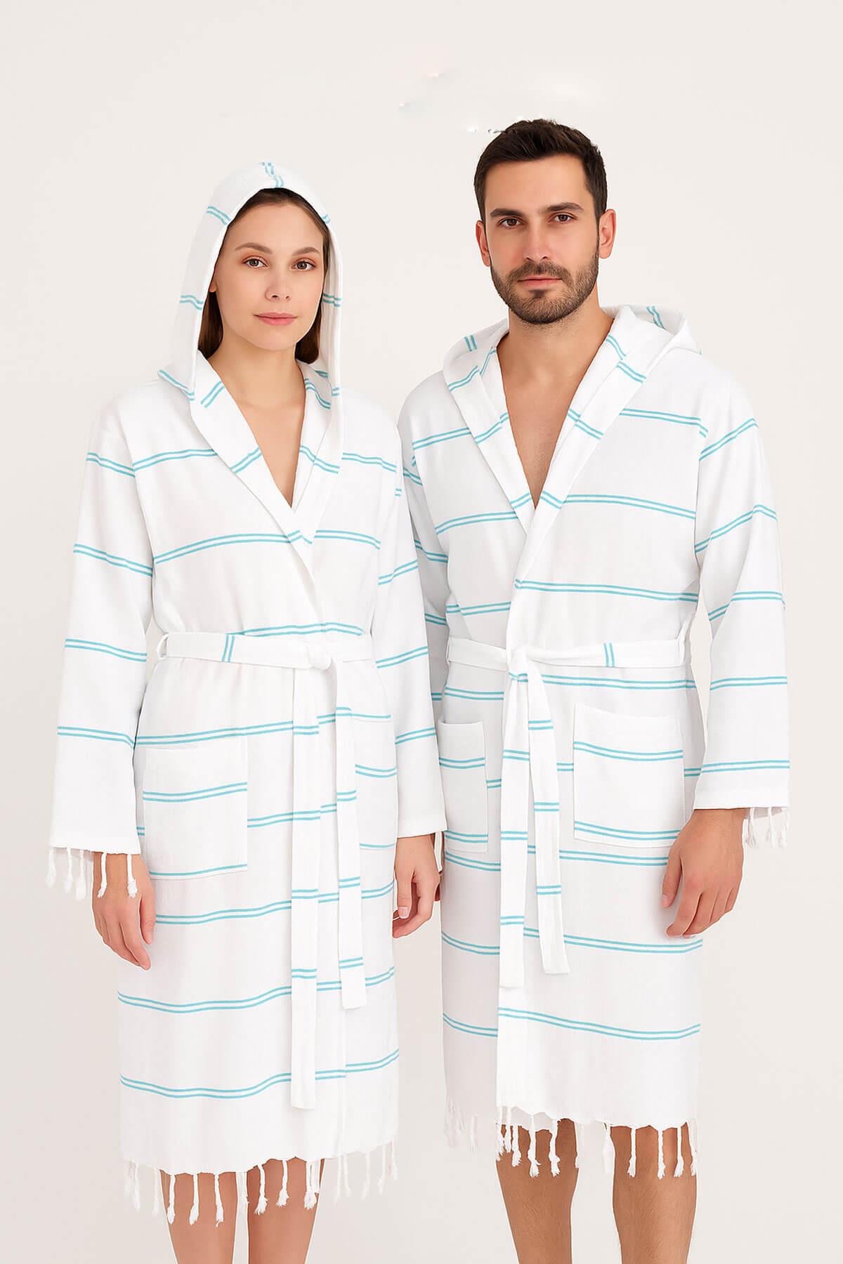 Kapşonlu Unisex Beyaz Çizgili Banyo Deniz Plaj Peştemal Bornozu %100 Pamuklu