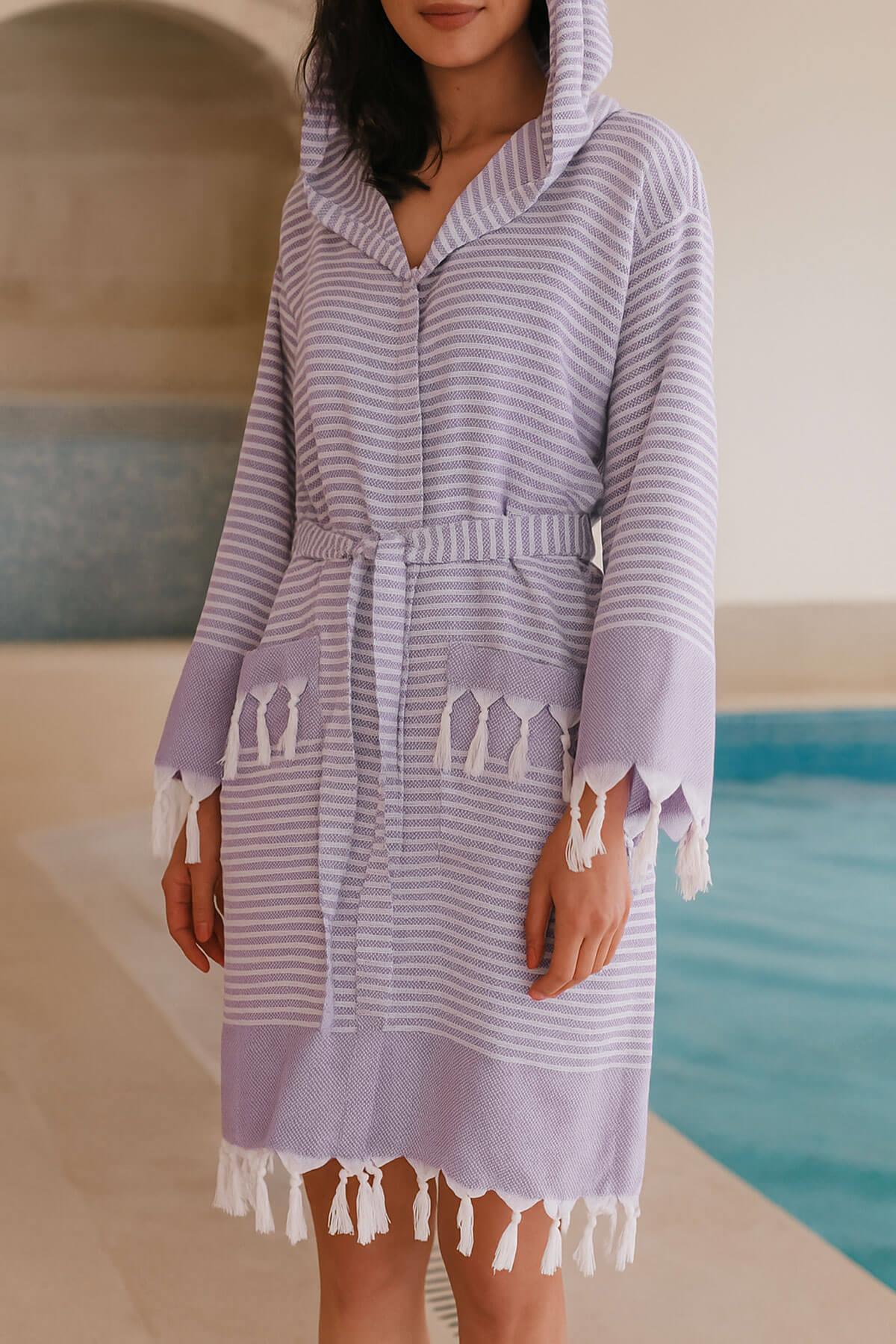 Kapşonlu Unisex Peştemal Plaj Bornozu %100 Pamuklu Seaside Stripe