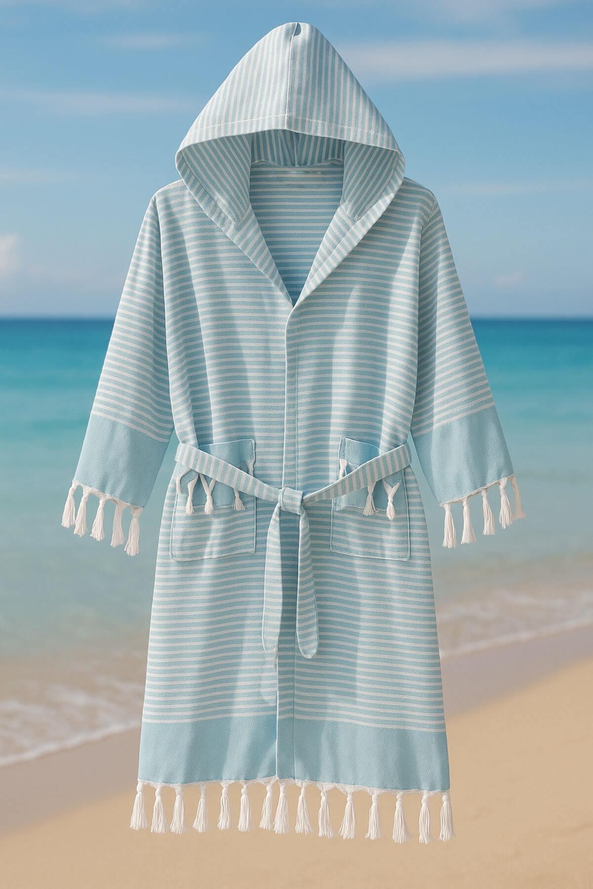 Kapşonlu Unisex Peştemal Plaj Bornozu %100 Pamuklu Seaside Stripe