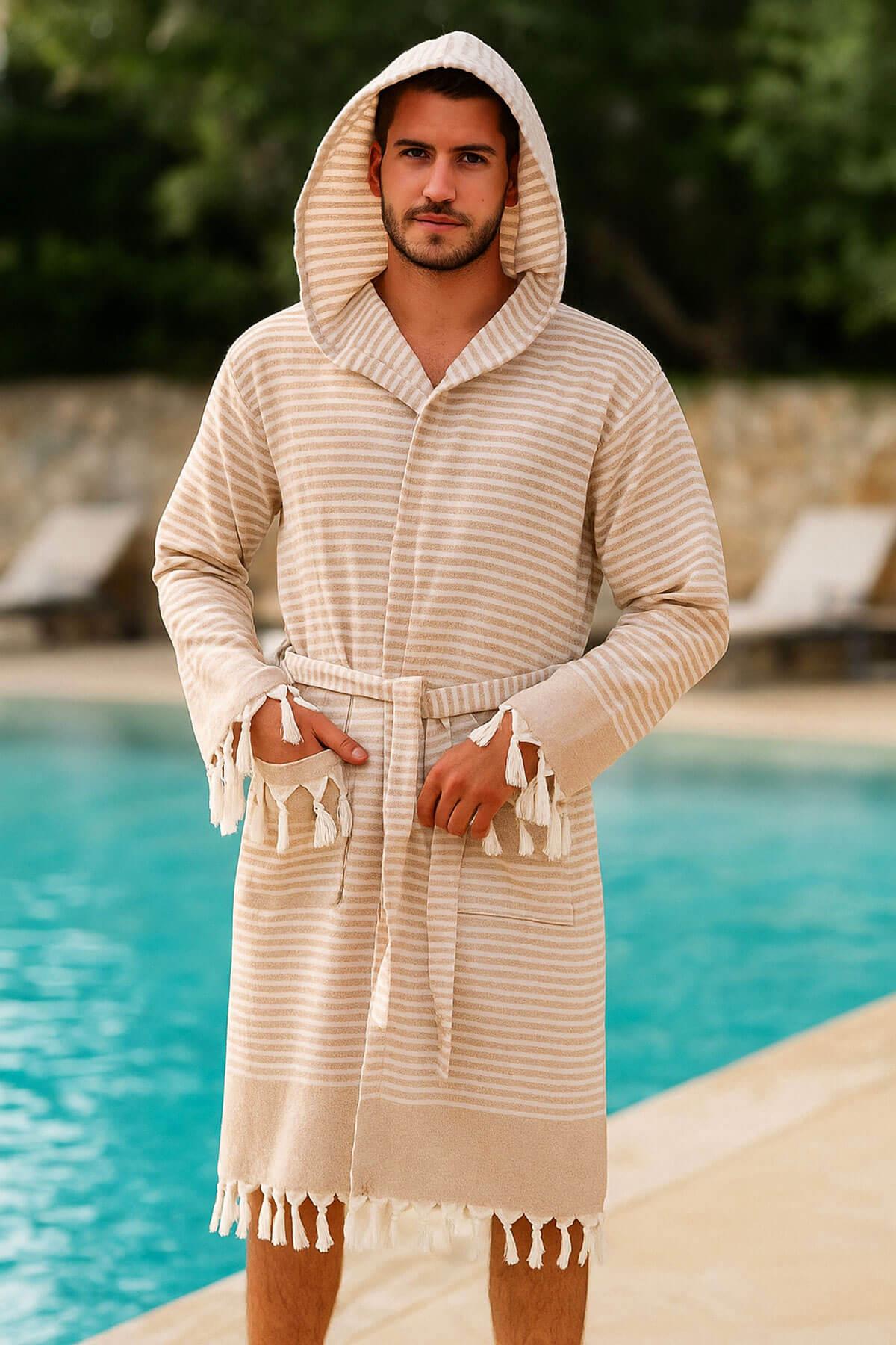 Kapşonlu Unisex Peştemal Plaj Bornozu %100 Pamuklu Seaside Stripe