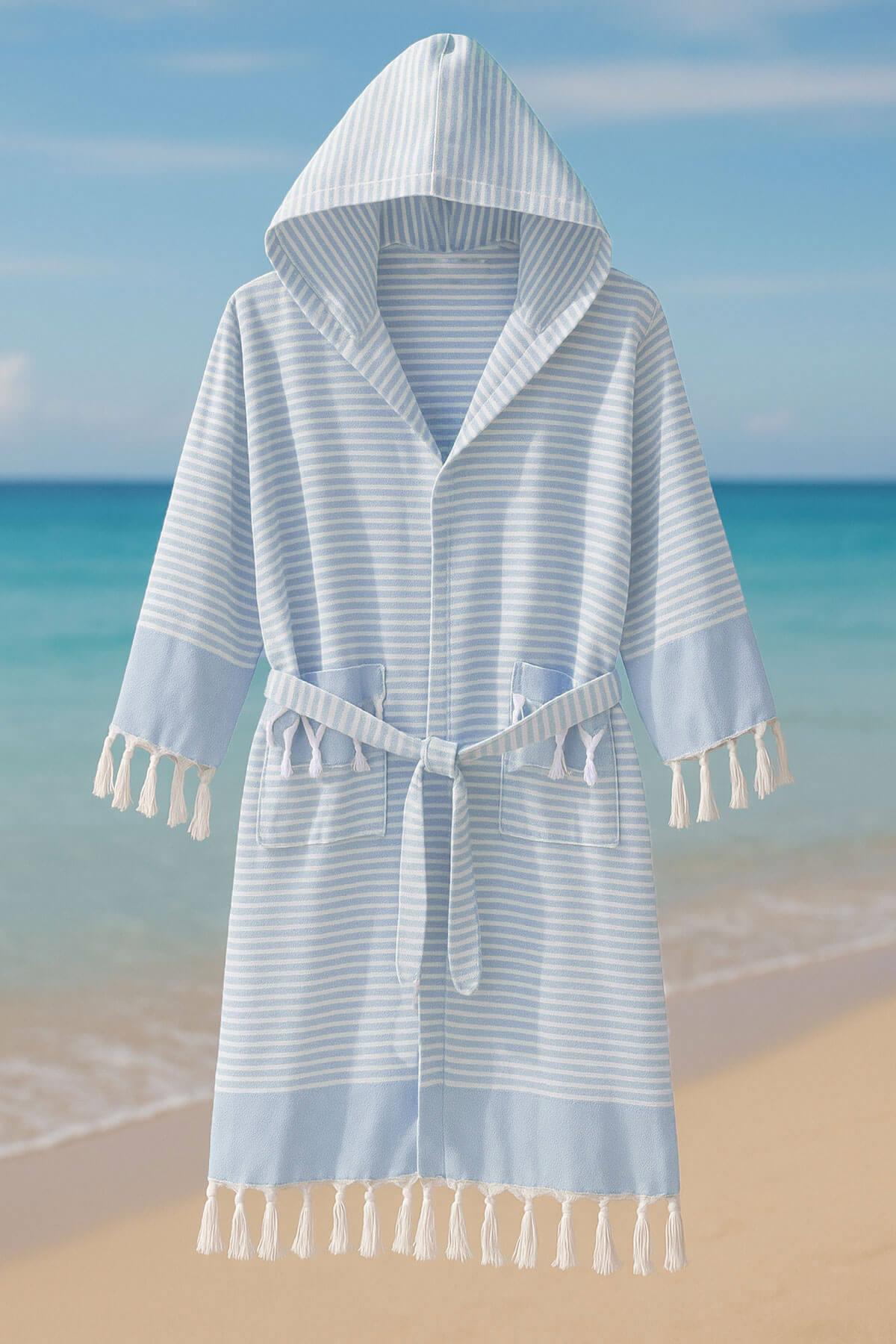Kapşonlu Unisex Peştemal Plaj Bornozu %100 Pamuklu Seaside Stripe