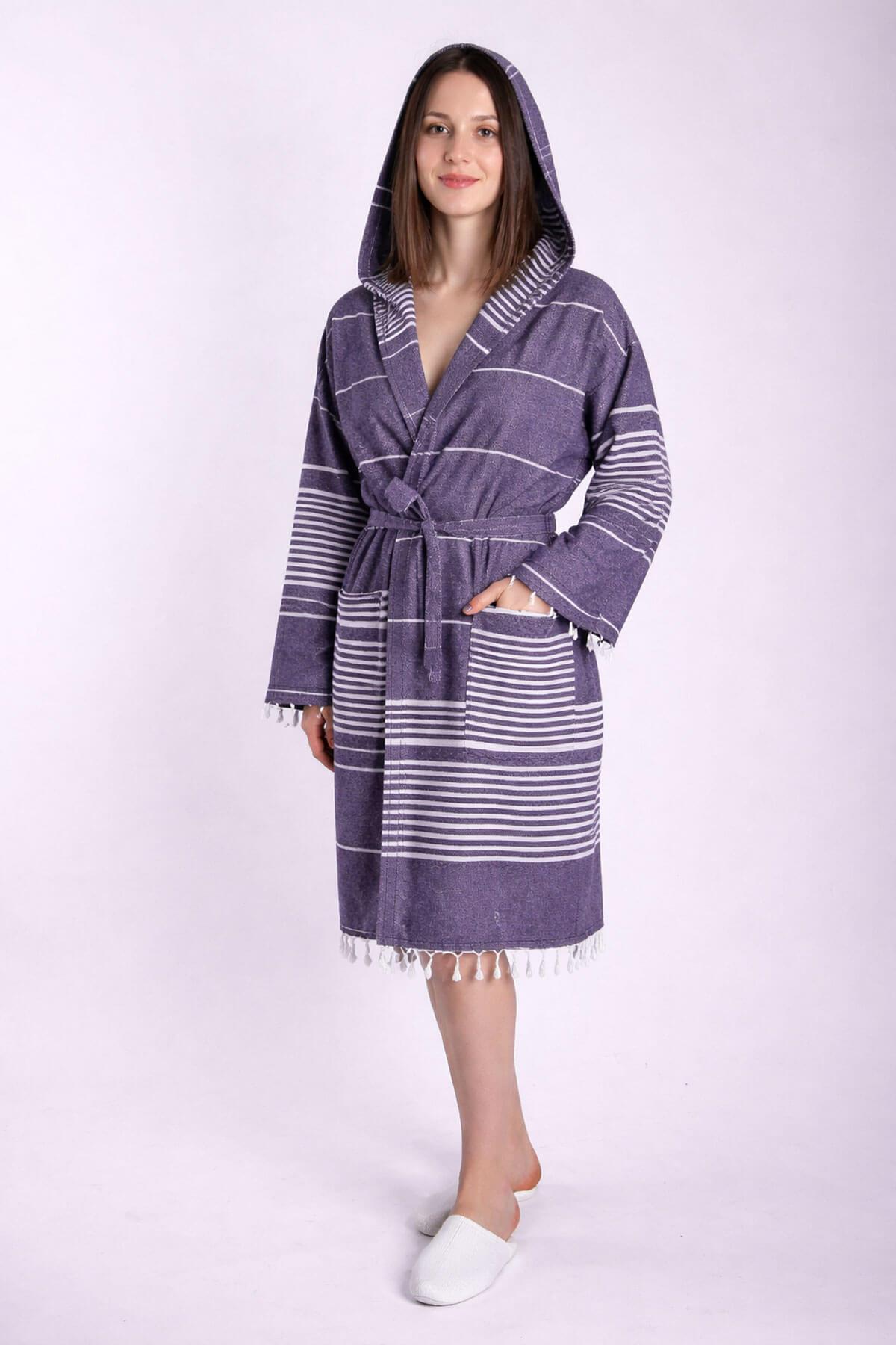 Kapüşonlu Kadın / Erkek Peştemal Bornoz Soft %100 Pamuklu Natural