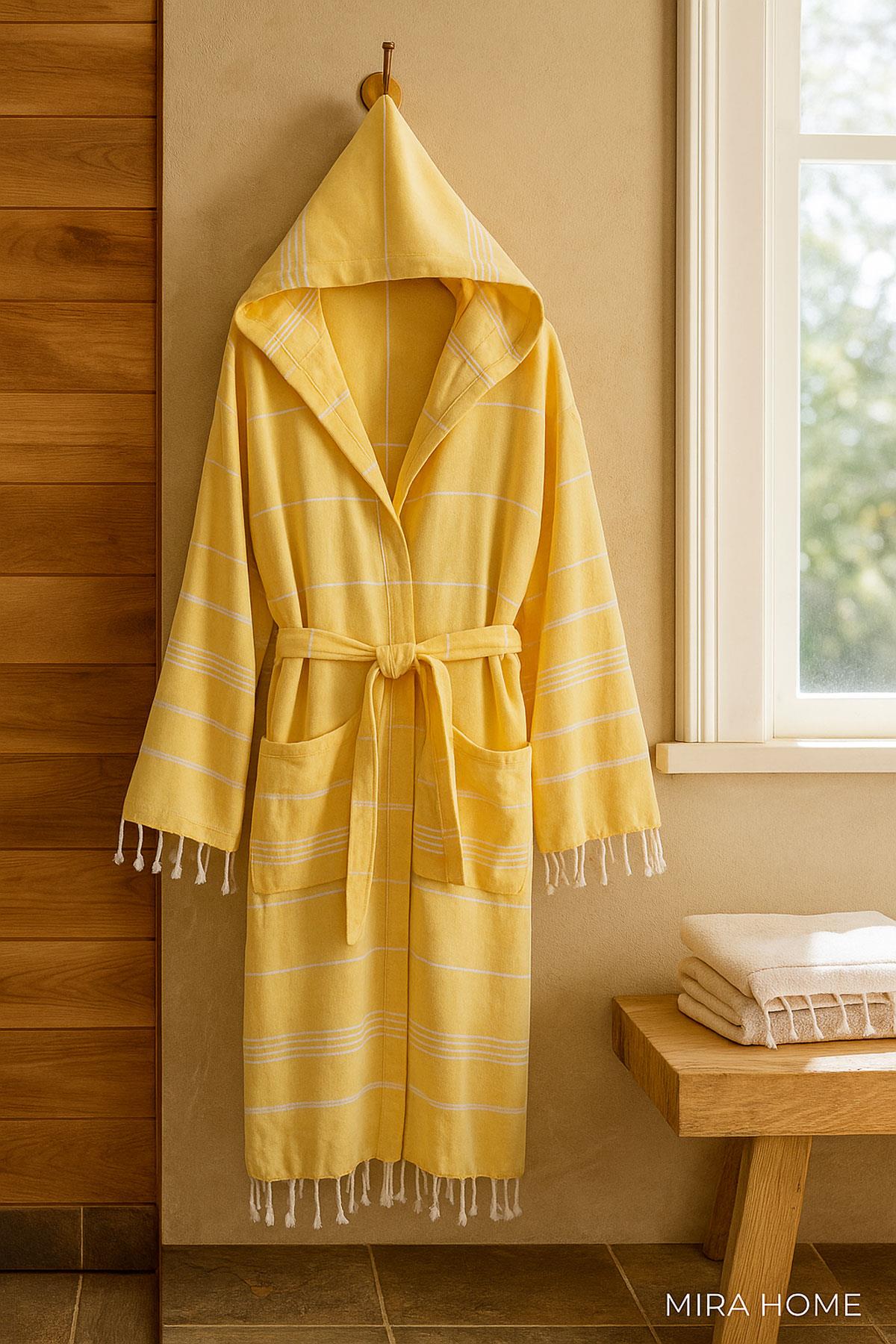 Kapüşonlu Kadın / Erkek Peştemal Bornoz Soft %100 Pamuklu Natural