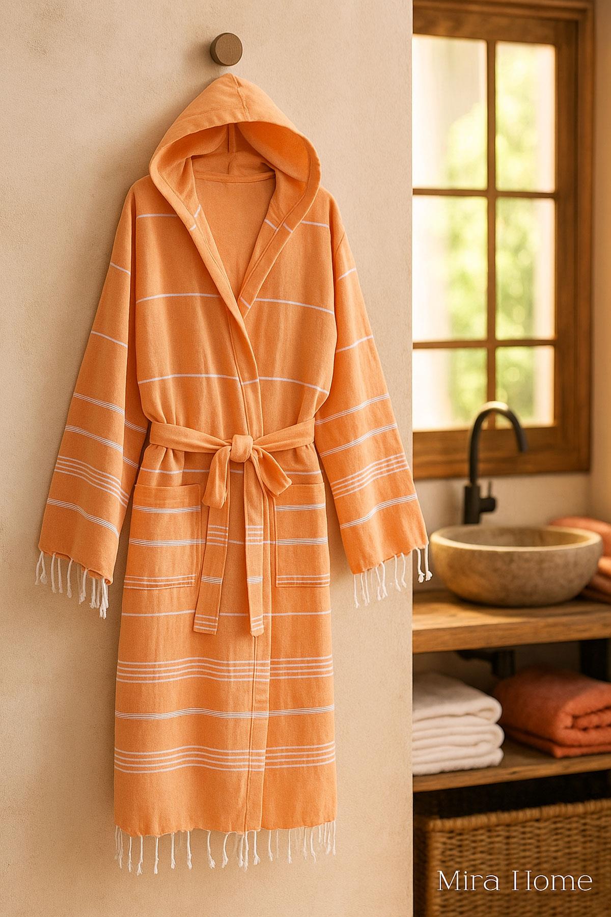 Kapüşonlu Kadın / Erkek Peştemal Bornoz Soft %100 Pamuklu Natural