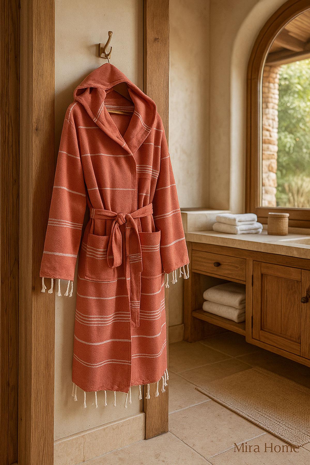 Kapüşonlu Kadın / Erkek Peştemal Bornoz Soft %100 Pamuklu Natural