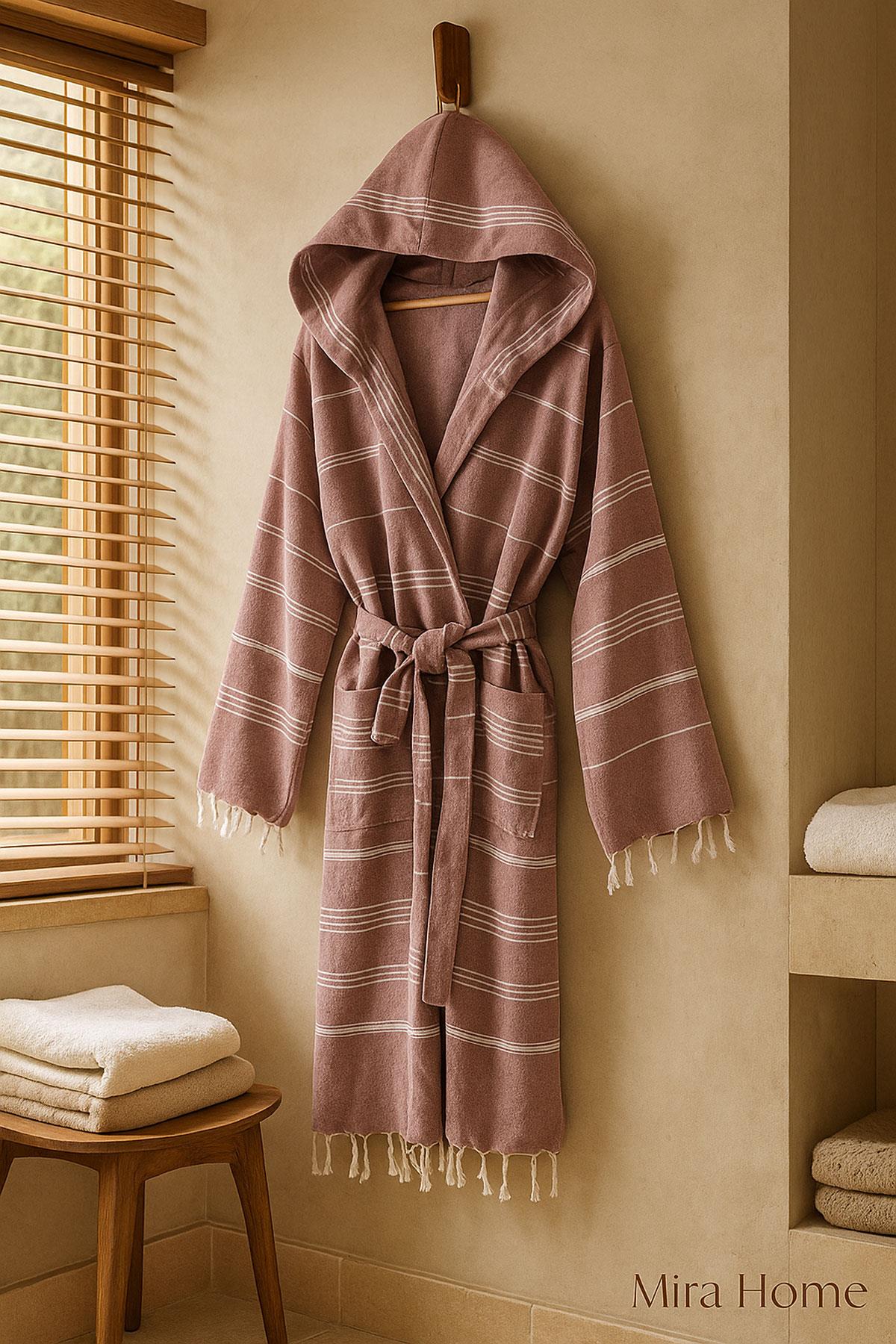 Kapüşonlu Kadın / Erkek Peştemal Bornoz Soft %100 Pamuklu Natural