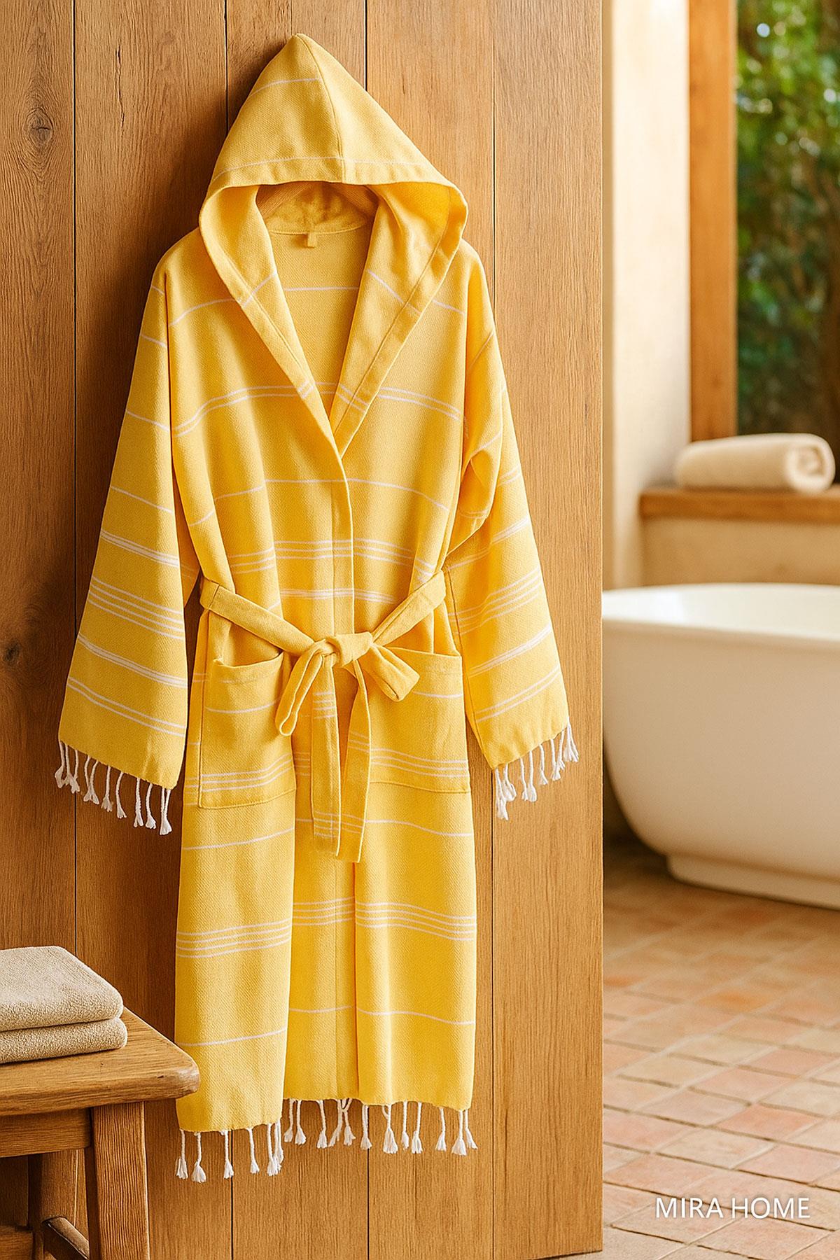 Kapüşonlu Kadın / Erkek Peştemal Bornoz Soft %100 Pamuklu Natural