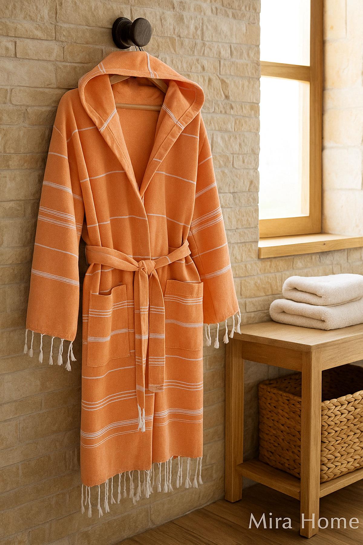 Kapüşonlu Kadın / Erkek Peştemal Bornoz Soft %100 Pamuklu Natural