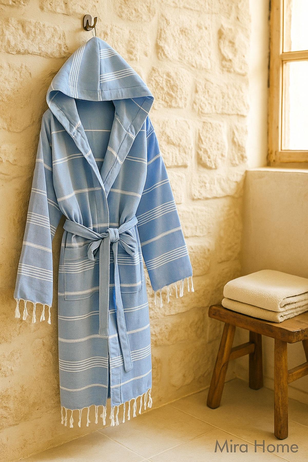 Kapüşonlu Kadın / Erkek Peştemal Bornoz Soft %100 Pamuklu Natural