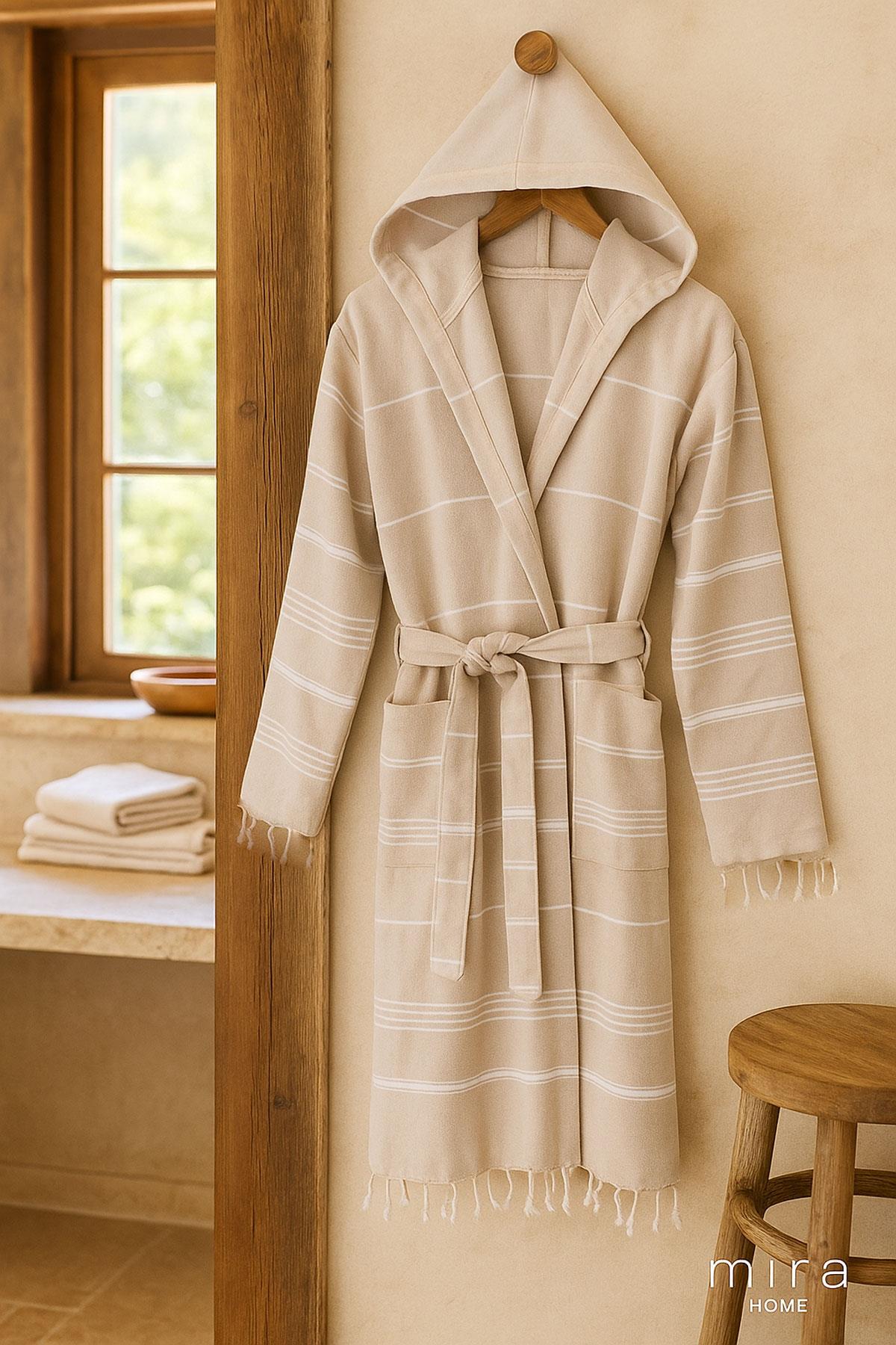 Kapüşonlu Kadın / Erkek Peştemal Bornoz Soft %100 Pamuklu Natural