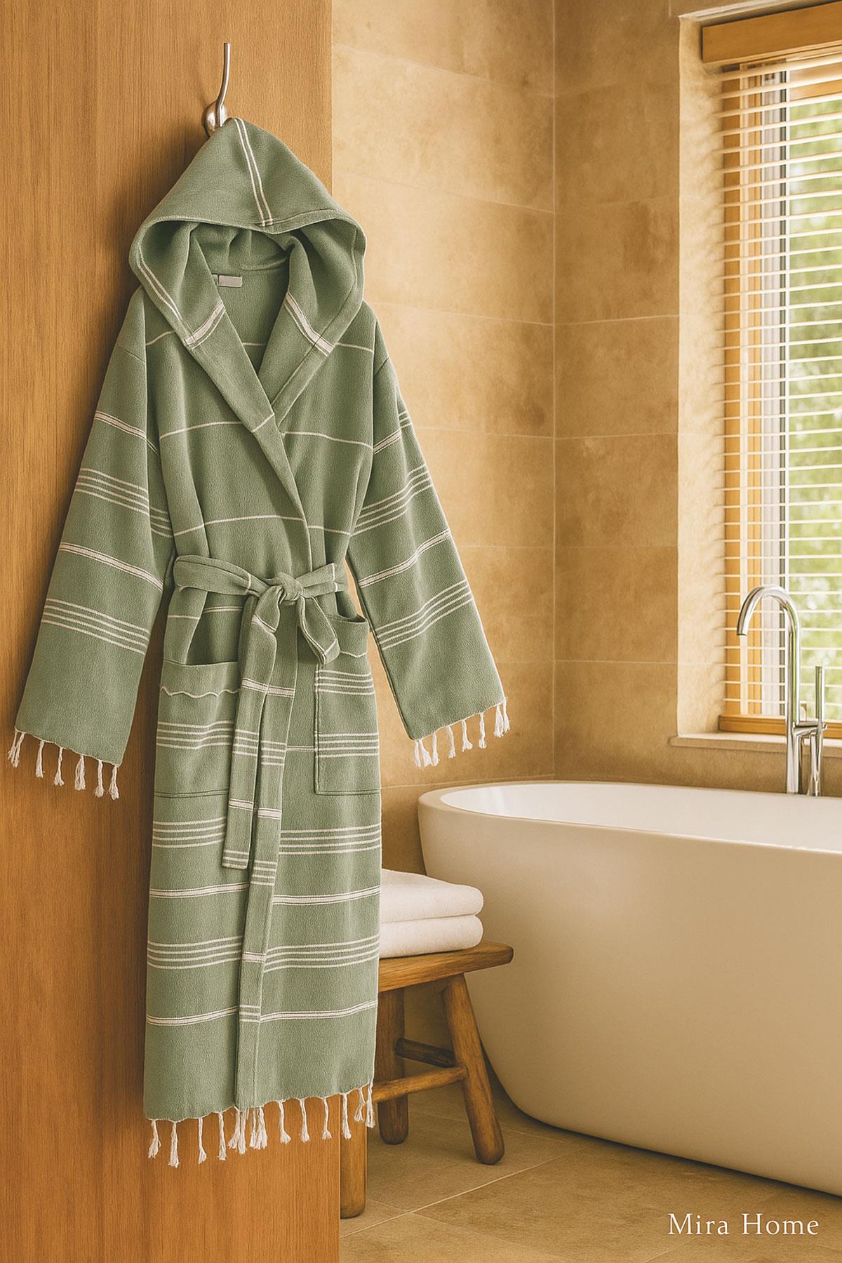 Kapüşonlu Kadın / Erkek Peştemal Bornoz Soft %100 Pamuklu Natural