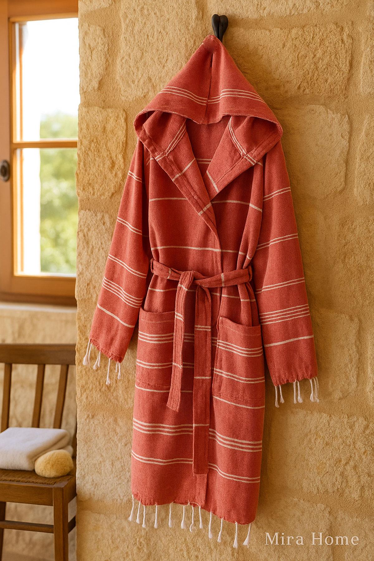 Kapüşonlu Kadın / Erkek Peştemal Bornoz Soft %100 Pamuklu Natural