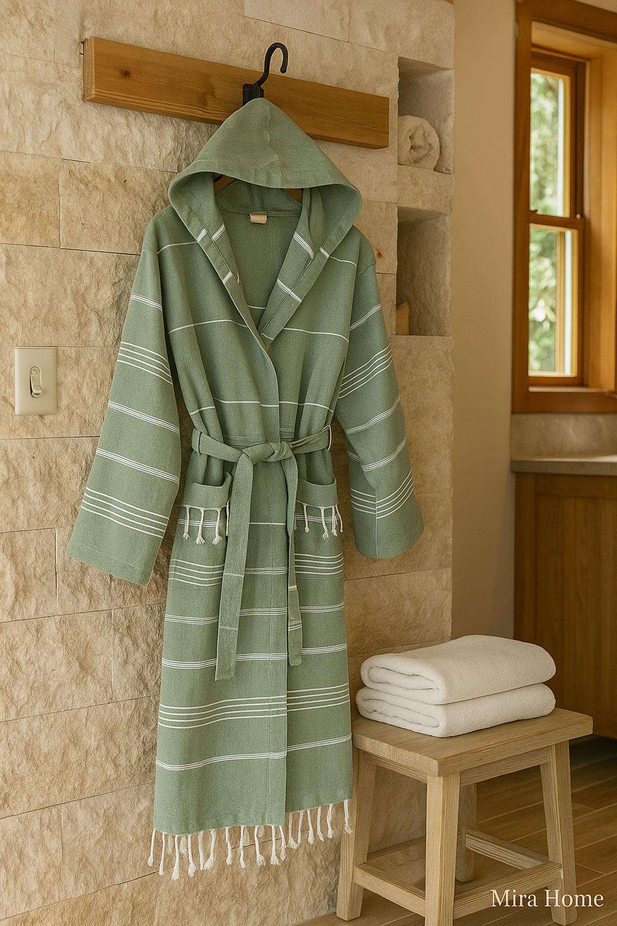 Kapüşonlu Kadın / Erkek Peştemal Bornoz Soft %100 Pamuklu Natural