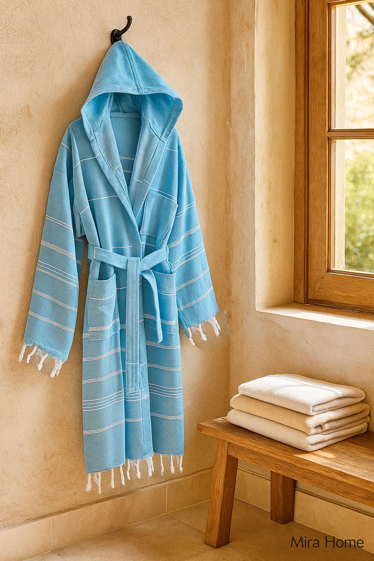 Kapüşonlu Kadın / Erkek Peştemal Bornoz Soft %100 Pamuklu Natural