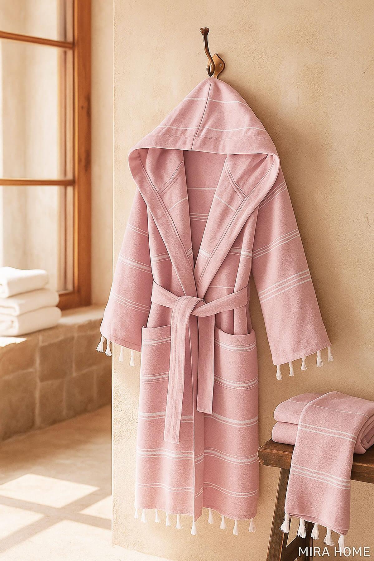 Kapüşonlu Kadın / Erkek Peştemal Bornoz Soft %100 Pamuklu Natural